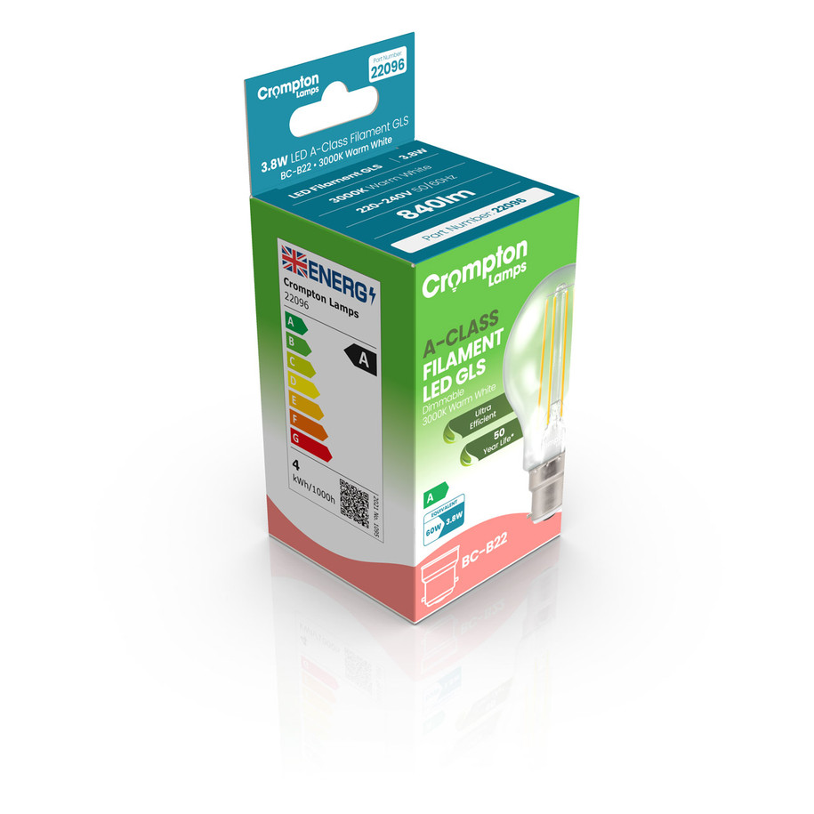 Crompton GLS LED Light Bulb Dimmable Ultra-Efficient B22 3.8W (60W Eqv) Warm White A-Class Clear 3