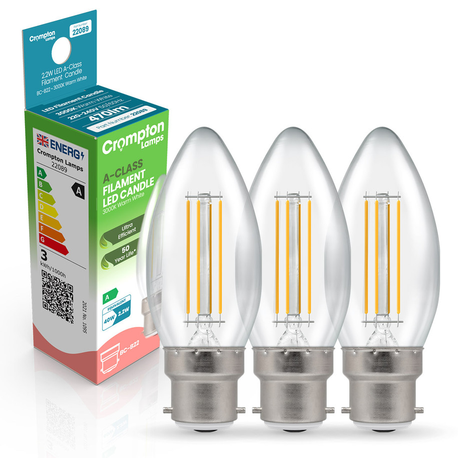 Crompton Candle LED Light Bulb Ultra-Efficient B22 2.2W (40W Eqv) Warm White 3-Pack A-Class Clear 4