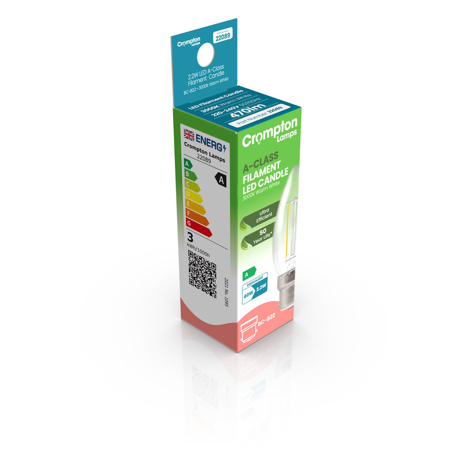 Crompton Candle LED Light Bulb Ultra-Efficient B22 2.2W (40W Eqv) Warm White 10-Pack A-Class Clear 3