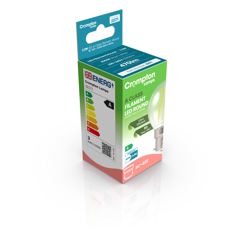 Crompton Golfball LED Light Bulb Ultra-Efficient B22 2.2W (40W Eqv) Warm White A-Class Clear 2