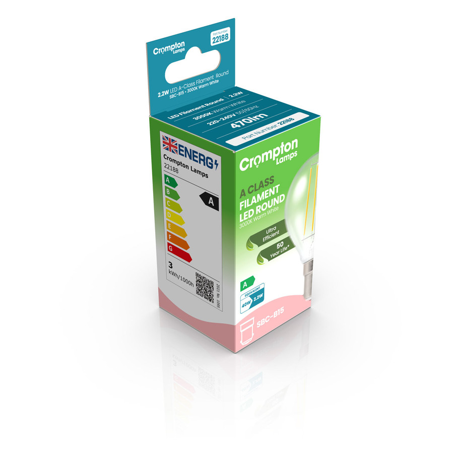 Crompton Golfball LED Light Bulb Ultra-Efficient B15 2.2W (40W Eqv) Warm White A-Class Clear 2