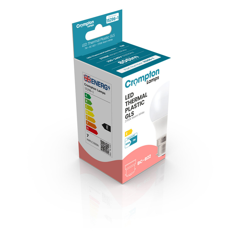 Crompton GLS LED Light Bulb Dimmable B22 7W (60W Eqv) Warm White 3-Pack Opal 3