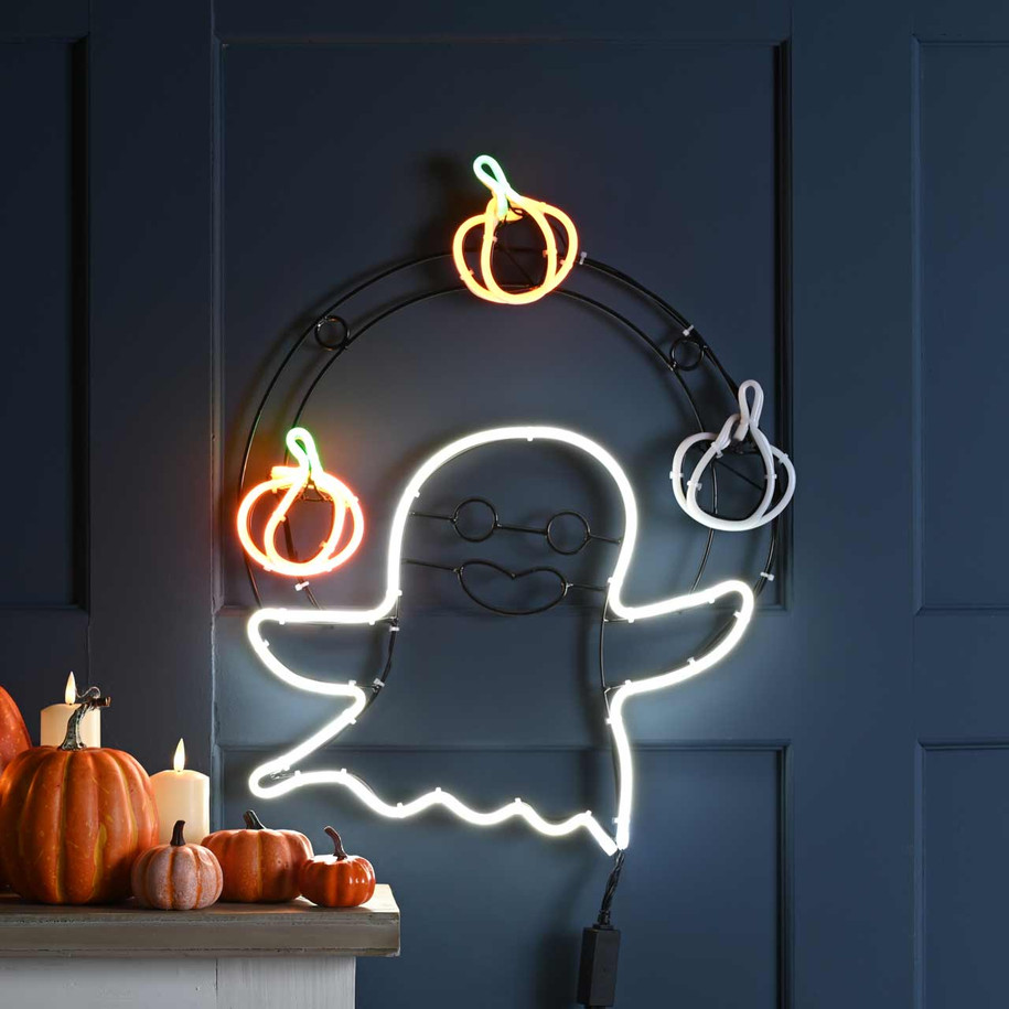 Festive 33cm Lit Neon Flex Ghost with Juggling Pumpkin Light 2
