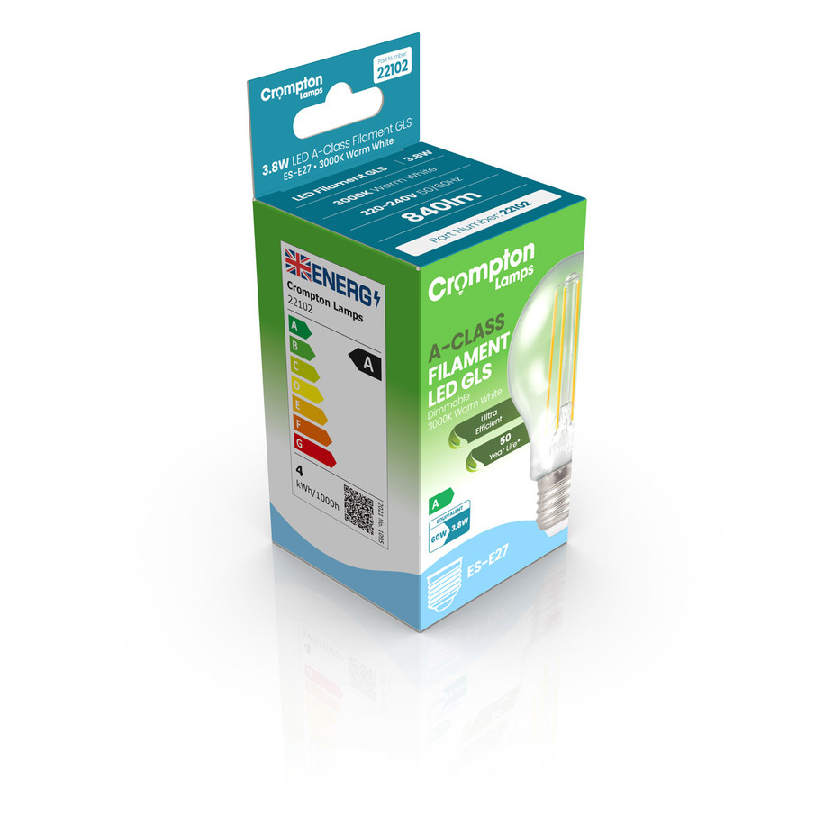 Crompton GLS LED Light Bulb Dim Ultra-Efficient E27 3.8W (60W Eqv) Warm White 3-Pack A-Class Clear 3