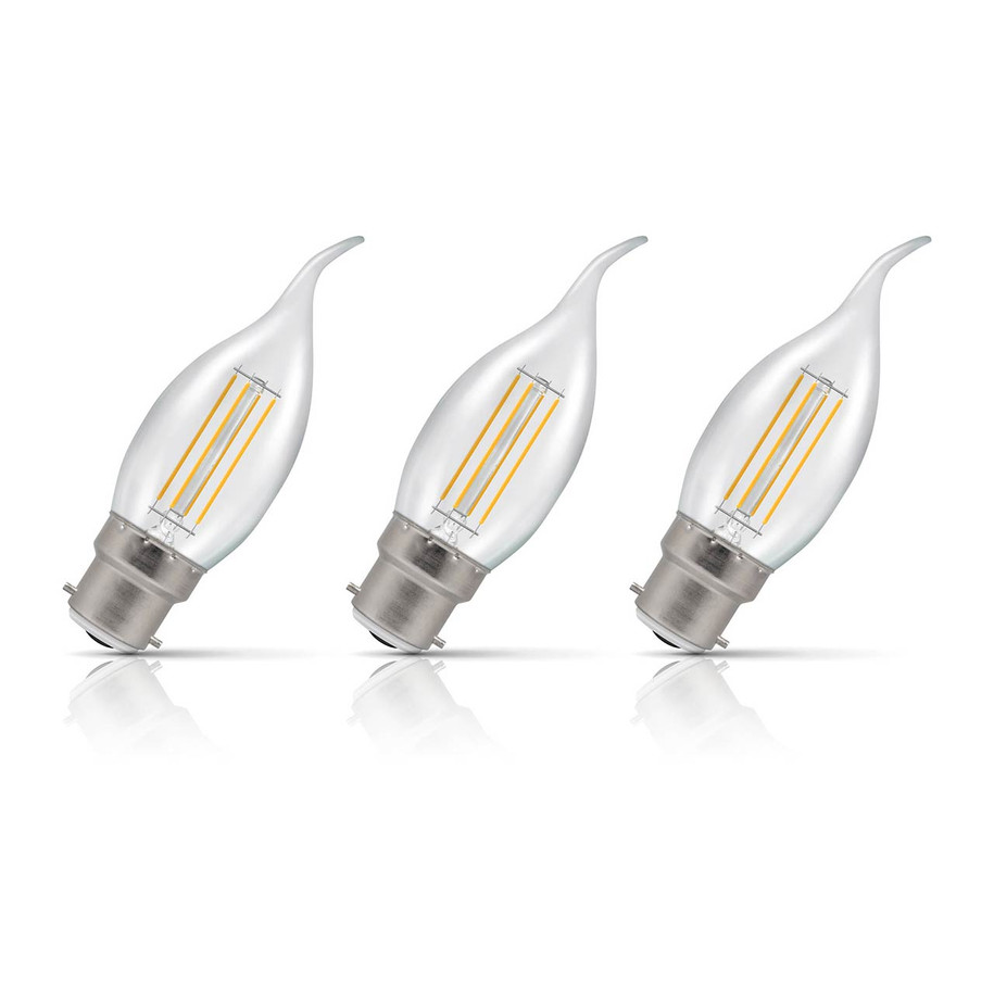 Crompton Candle LED Light Bulb Dim Bent Tip B22 4.2W (40W Eqv) Warm White 3-Pack Filament Clear