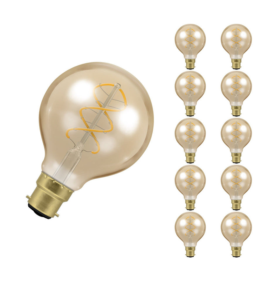 10-Pack Crompton Globe LED Light Bulbs B22 4.9W (35W Eqv) Dim Extra Warm White Antique G80 Spiral Filament Bayonet Filament Vintage Large
