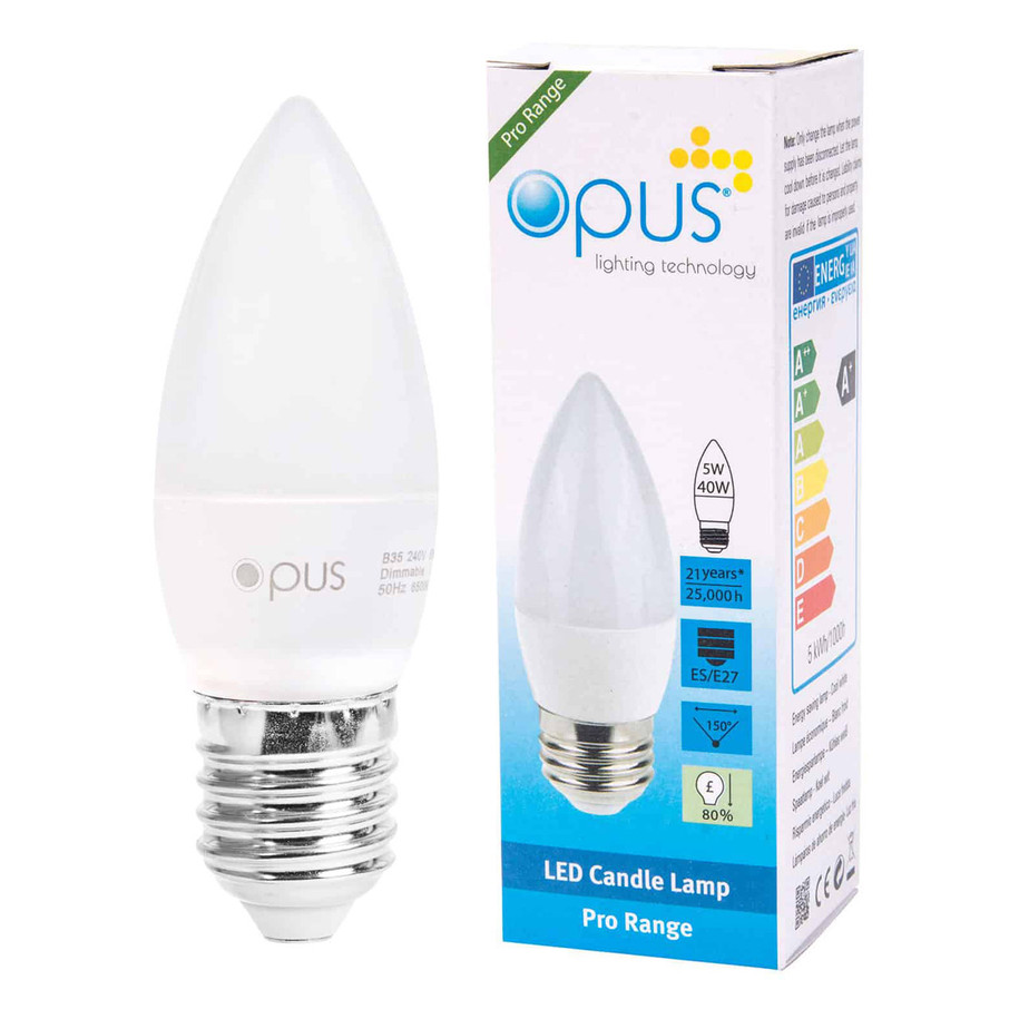 Opus Candle LED Light Bulb E27 5W (40W Eqv) Dimmable Daylight Opal Screw Thermal Plastic Frosted 4