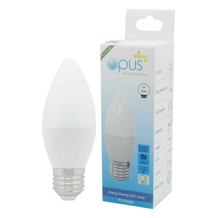 Opus Candle LED Light Bulb E27 6W (40W Eqv) Warm White Opal Screw Thermal Plastic Frosted 4