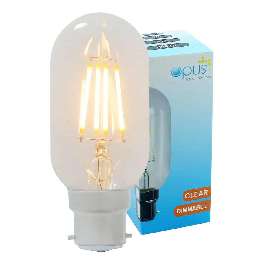 Opus Tubular LED Light Bulb B22 5W (40W Eqv) 110mm Dim Extra Warm White Clear T45 Bayonet Filament 5