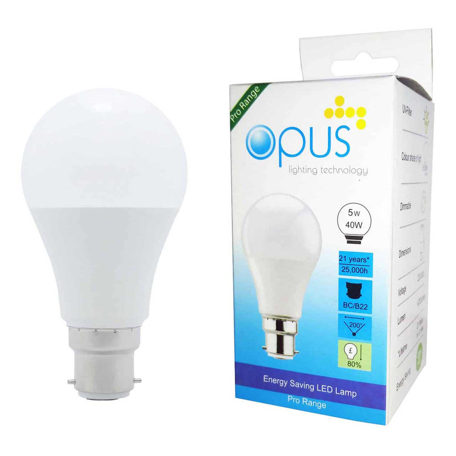 Opus GLS LED Light Bulb B22 5W (40W Eqv) Dimmable Daylight Opal Bayonet Thermal Plastic Frosted 4