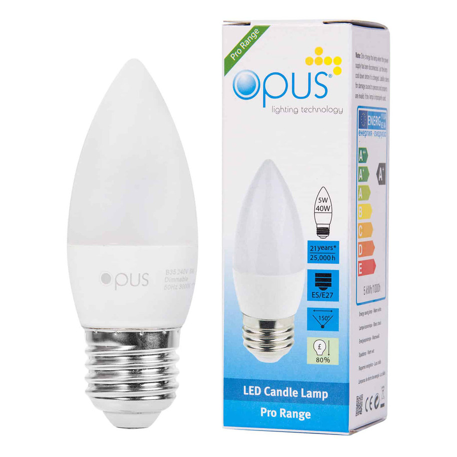 Opus Candle LED Light Bulb E27 5W (40W Eqv) Dimmable Warm White Opal Screw Thermal Plastic Frosted 4