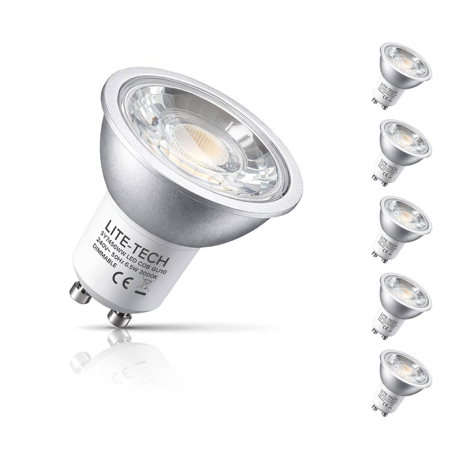 5-Pack LiteTech GU10 Spotlight LED Light Bulbs 6.5W (50W Eqv) Dim Warm White Halogen Replacement COB Twist and Lock