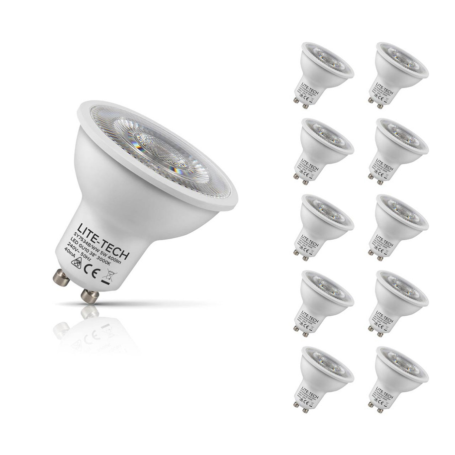 10-Pack Lite-Tech GU10 Spotlight LED Light Bulbs 5W (50W Eqv) Warm White Halogen Replacement COB Twist and Lock 38°