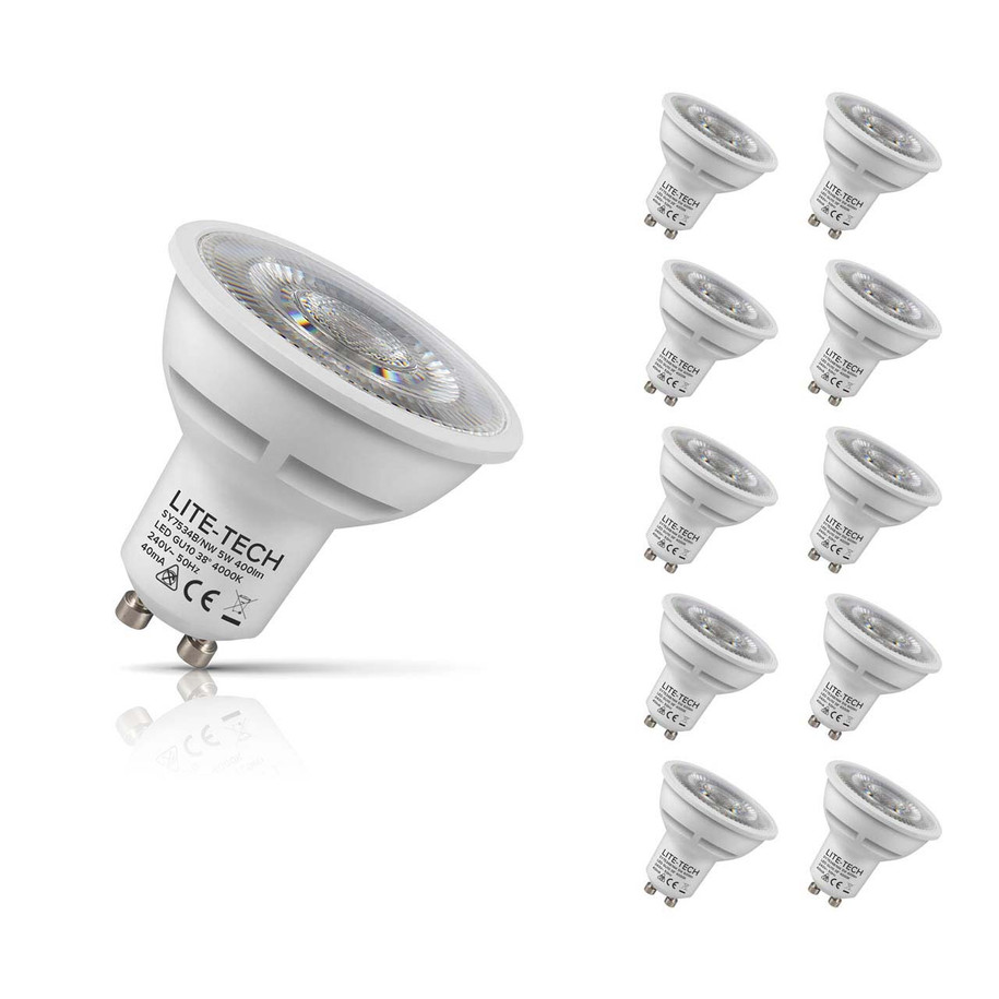 10-Pack Lite-Tech GU10 Spotlight LED Light Bulbs 5W (50W Eqv) Cool White Halogen Replacement COB Twist and Lock 38°