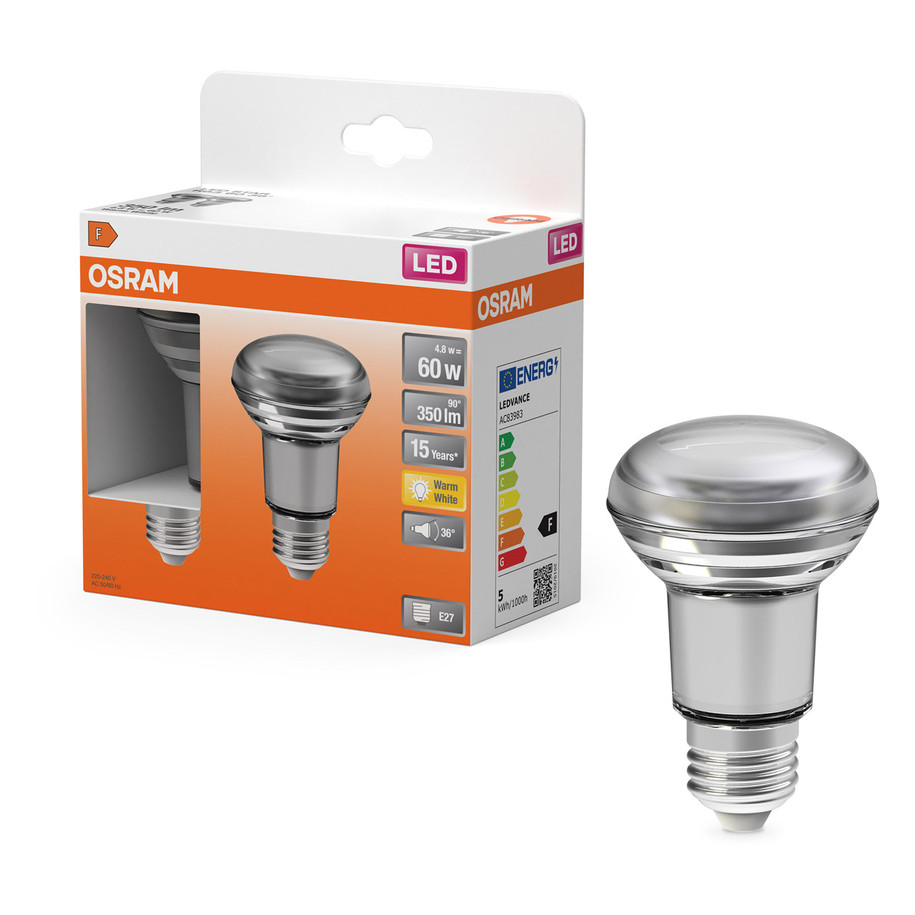 2-Pack Osram R63/R64 Reflector LED Light Bulbs E27 4.8W (60W Eqv) Warm White Diffused Star Spotlight Screw 36°