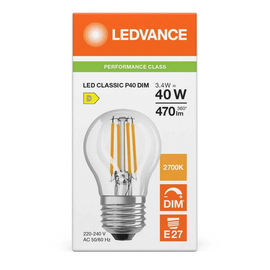 Ledvance Golfball LED Classic P Light Bulb E27 3.4W (40W Eqv) Dim Warm White Clear Performance Class Screw Filament 4