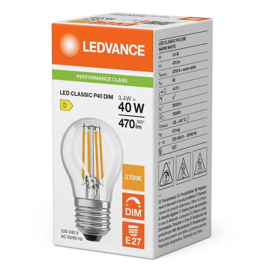 Ledvance Golfball LED Classic P Light Bulb E27 3.4W (40W Eqv) Dim Warm White Clear Performance Class Screw Filament 3