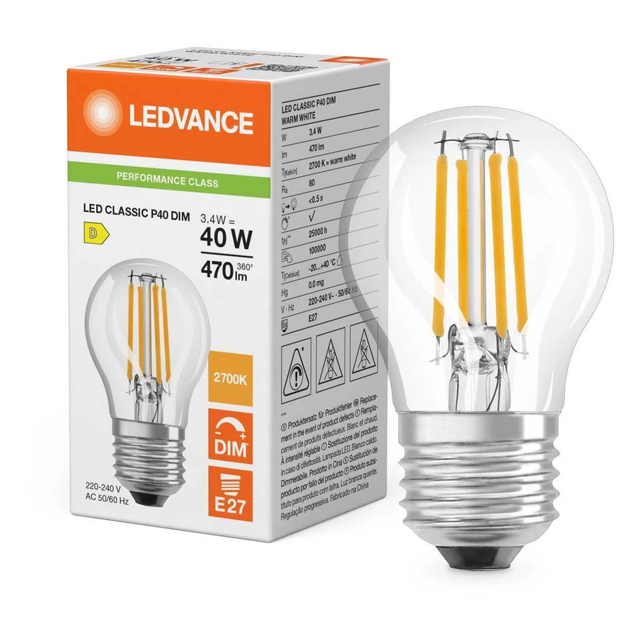 Ledvance Golfball LED Classic P Light Bulb E27 3.4W (40W Eqv) Dim Warm White Clear Performance Class Screw Filament 2