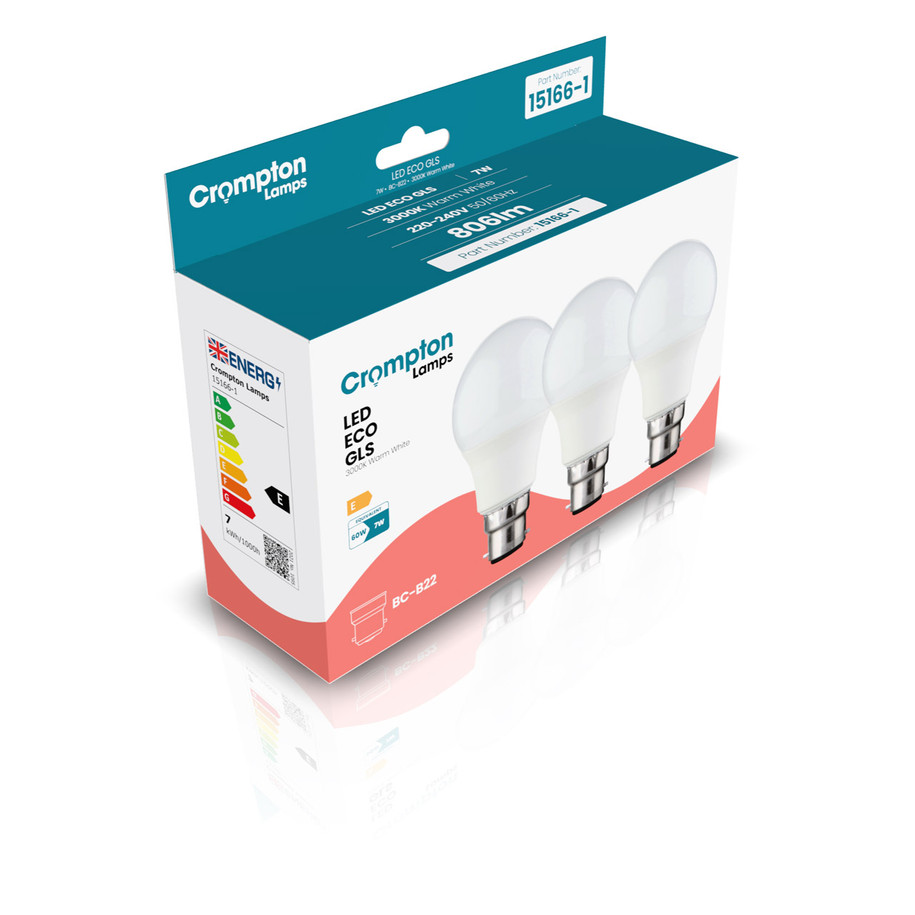 3-Pack Crompton GLS LED Light Bulbs B22 7W (60W Eqv) Warm White Opal Bayonet Frosted Opal 3