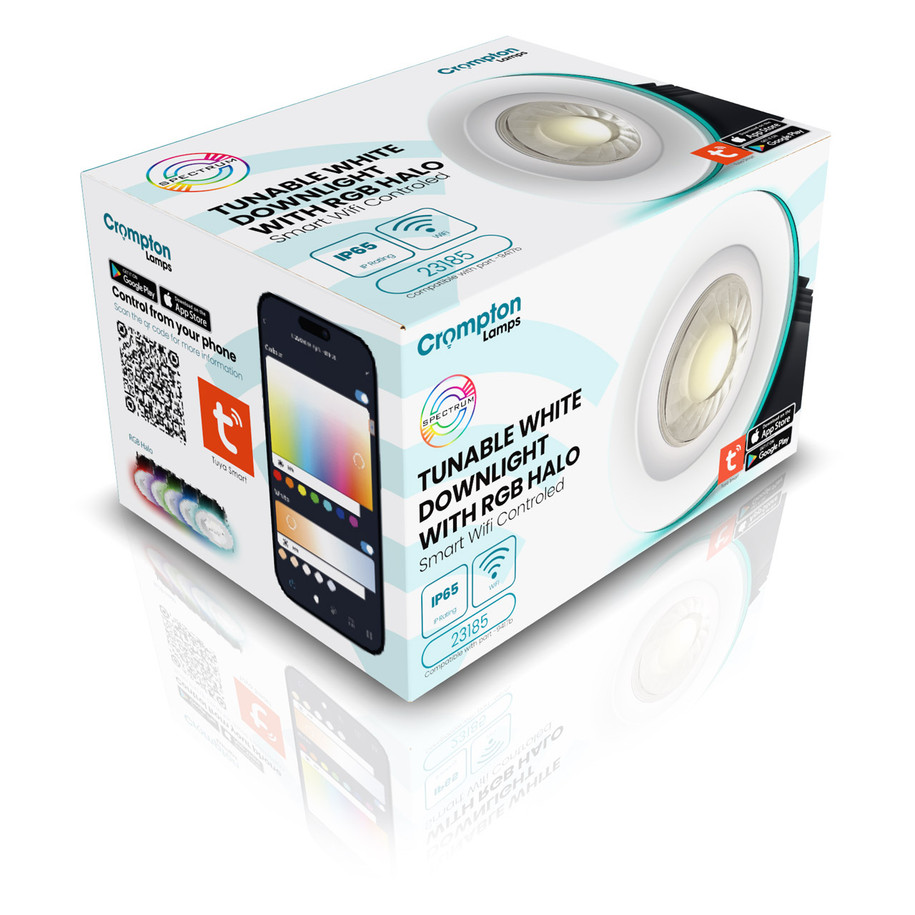 Crompton SPECTRUM WIFI LED Fire Rated Downlight 10W Dim IP65 Tuneable White + RGB in Black Recessed Spotlight Bluetooth 40° Lights 9