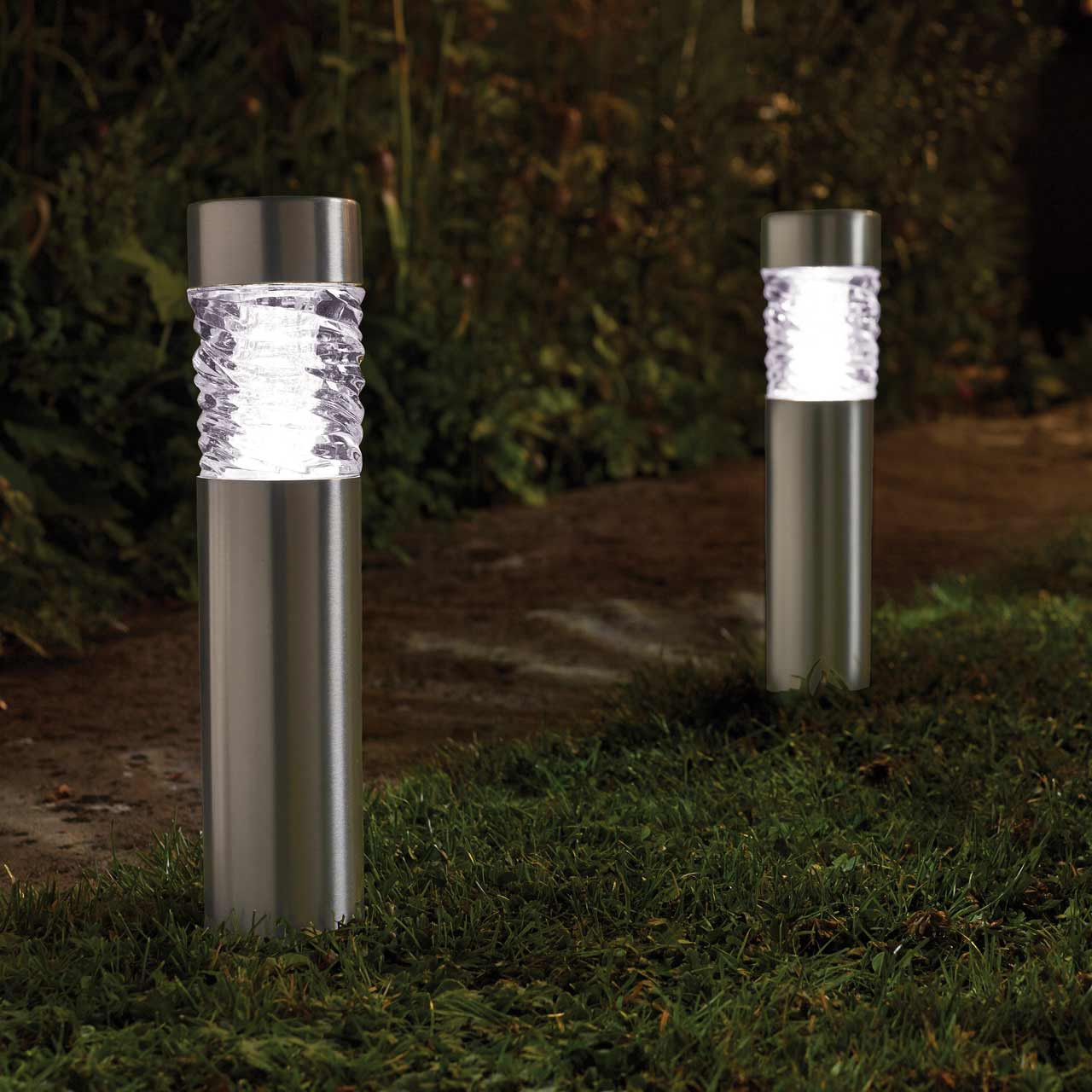 SuperBright Solar Powered LED Bollard Light White Outdoor Garden Lights Brushed Stainless Steel 4-Pack