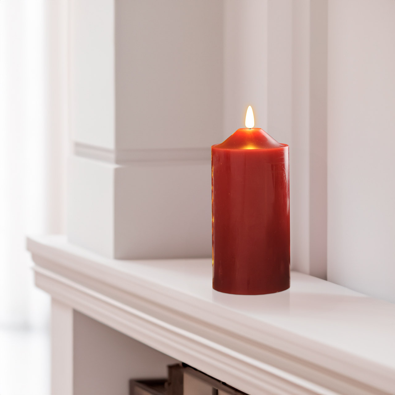 Festive 15cm Battery Operated Wax Firefly Pillar Candle With Timer Red