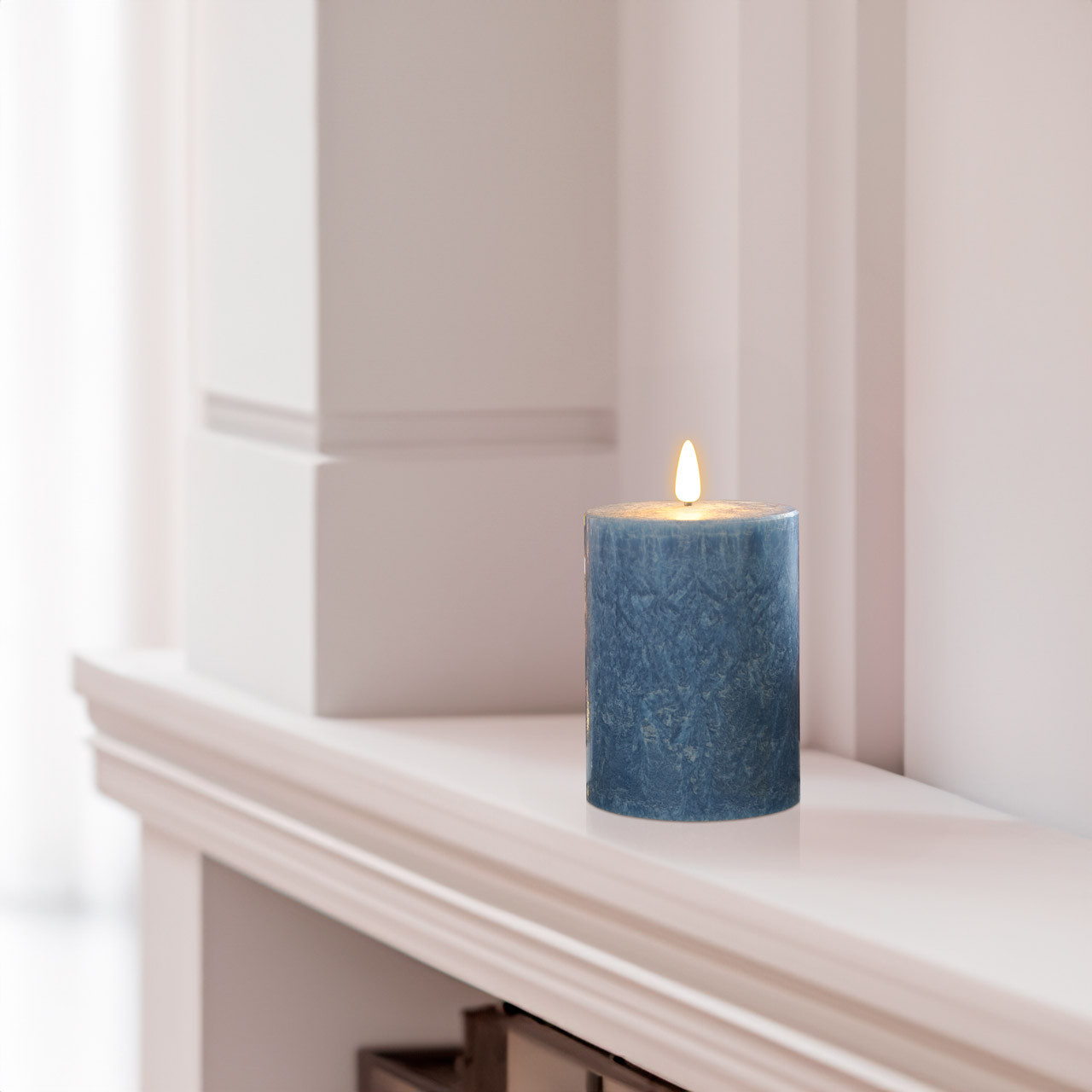 Festive 10cm Battery Operated Wax Firefly Pillar Candle With Timer Blue