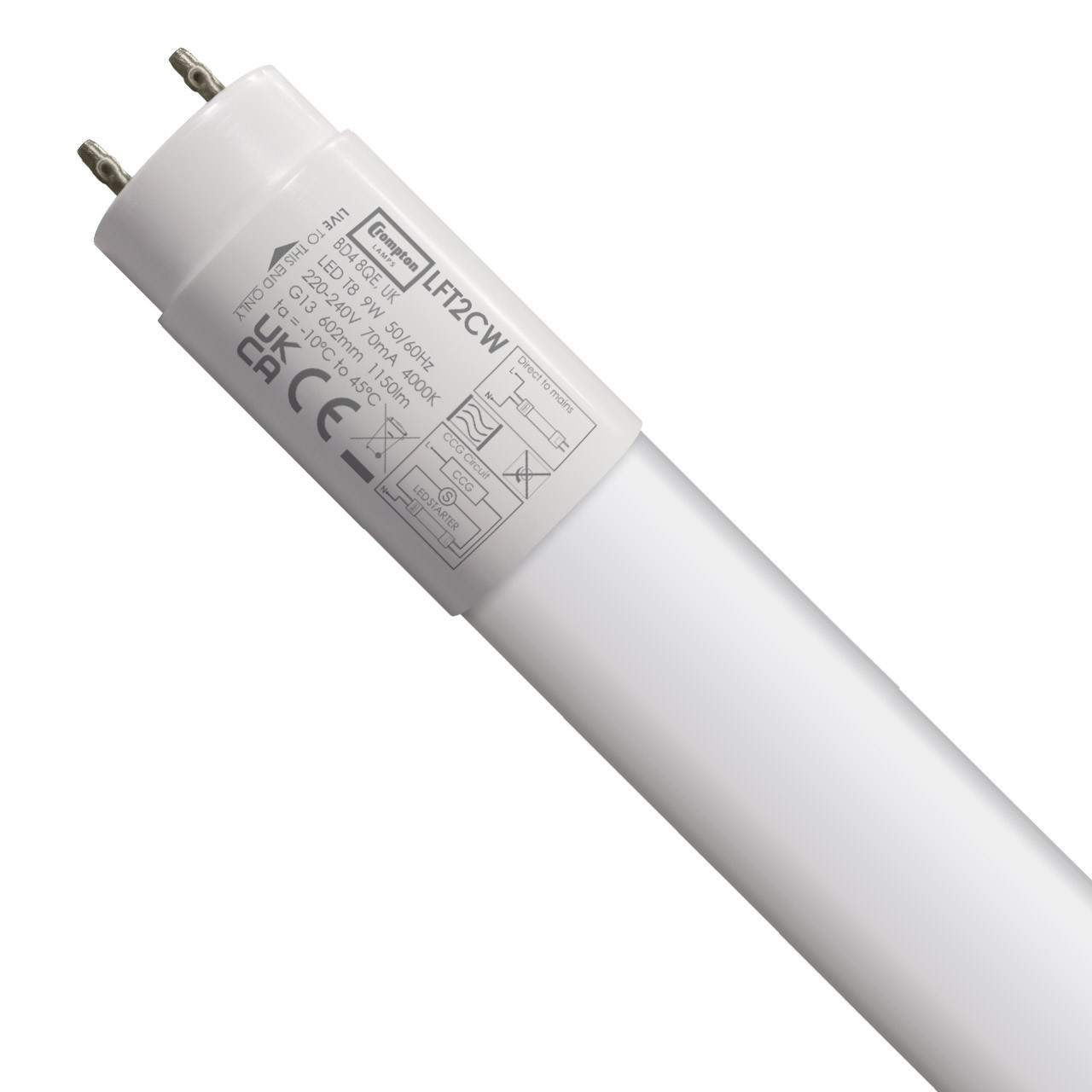 Photos - Light Bulb Crompton T8 LED Tube Light 2ft 9W  Cool White Opal LFT2CW (18W Eqv)