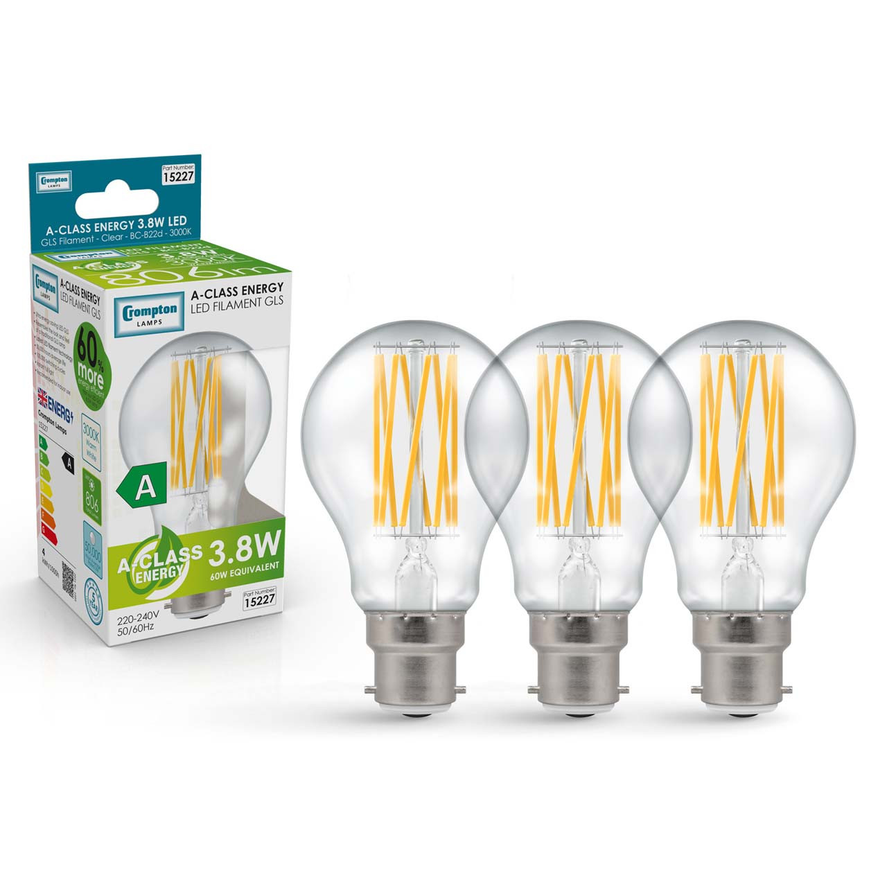 Image of Crompton GLS LED Light Bulb Ultra-Efficient B22 3.8W (60W Eqv) Warm White 3-Pack A-Class Clear