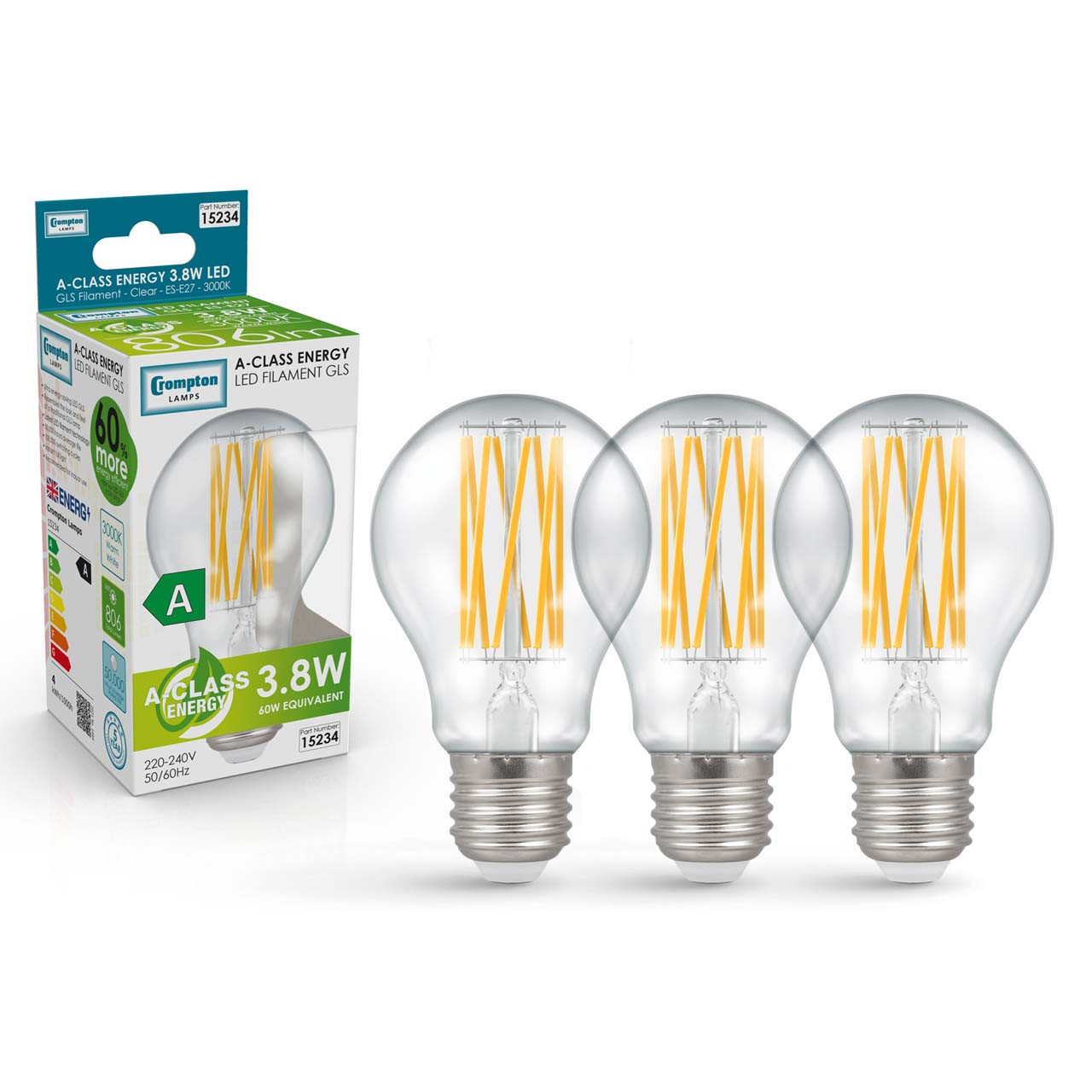 Image of Crompton GLS LED Light Bulb Ultra-Efficient E27 3.8W (60W Eqv) Warm White 3-Pack A-Class Clear