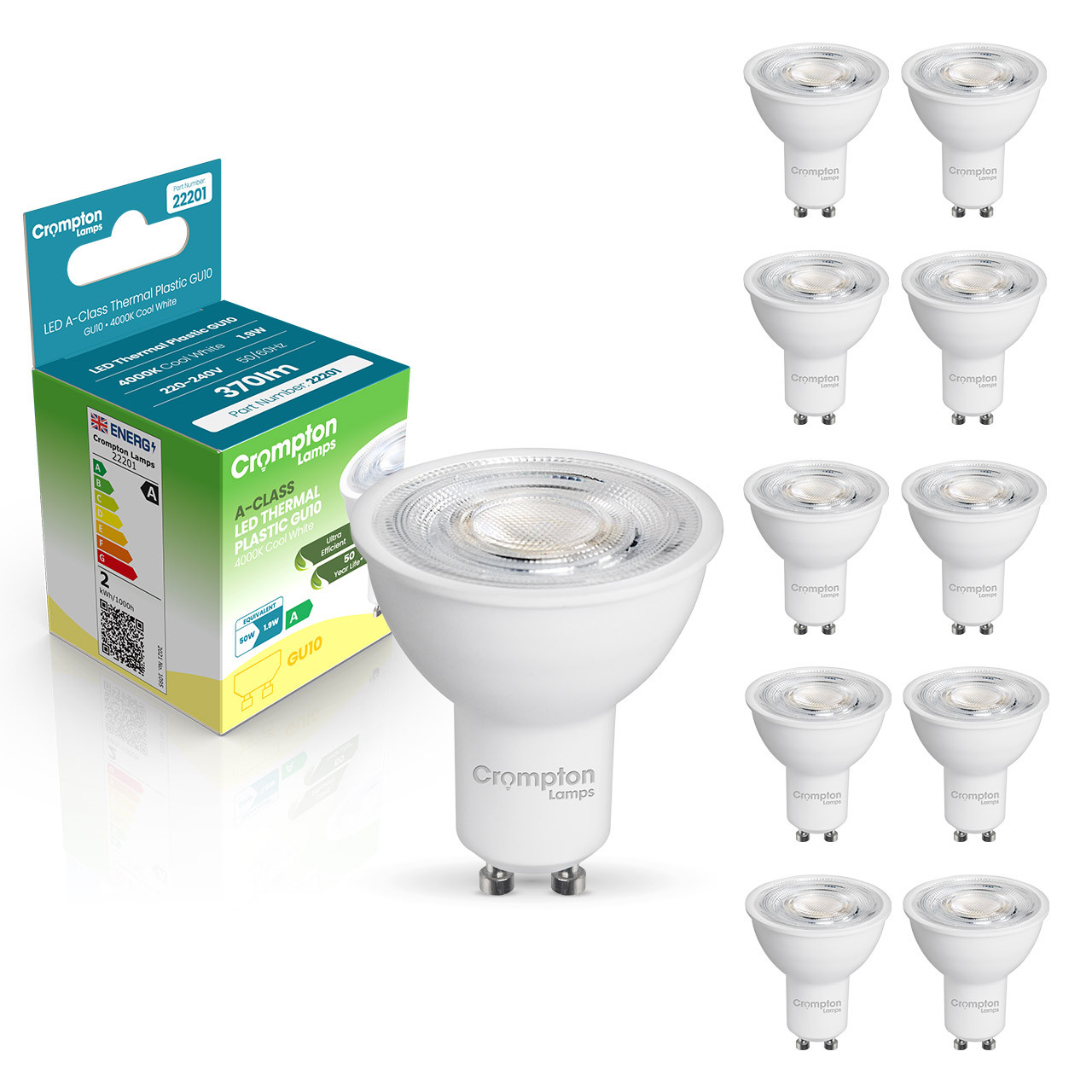 Image of Crompton GU10 Spotlight LED Bulb Ultra-Efficient 1.9W (50W Eqv) Cool White 10-Pack A-Class 36°