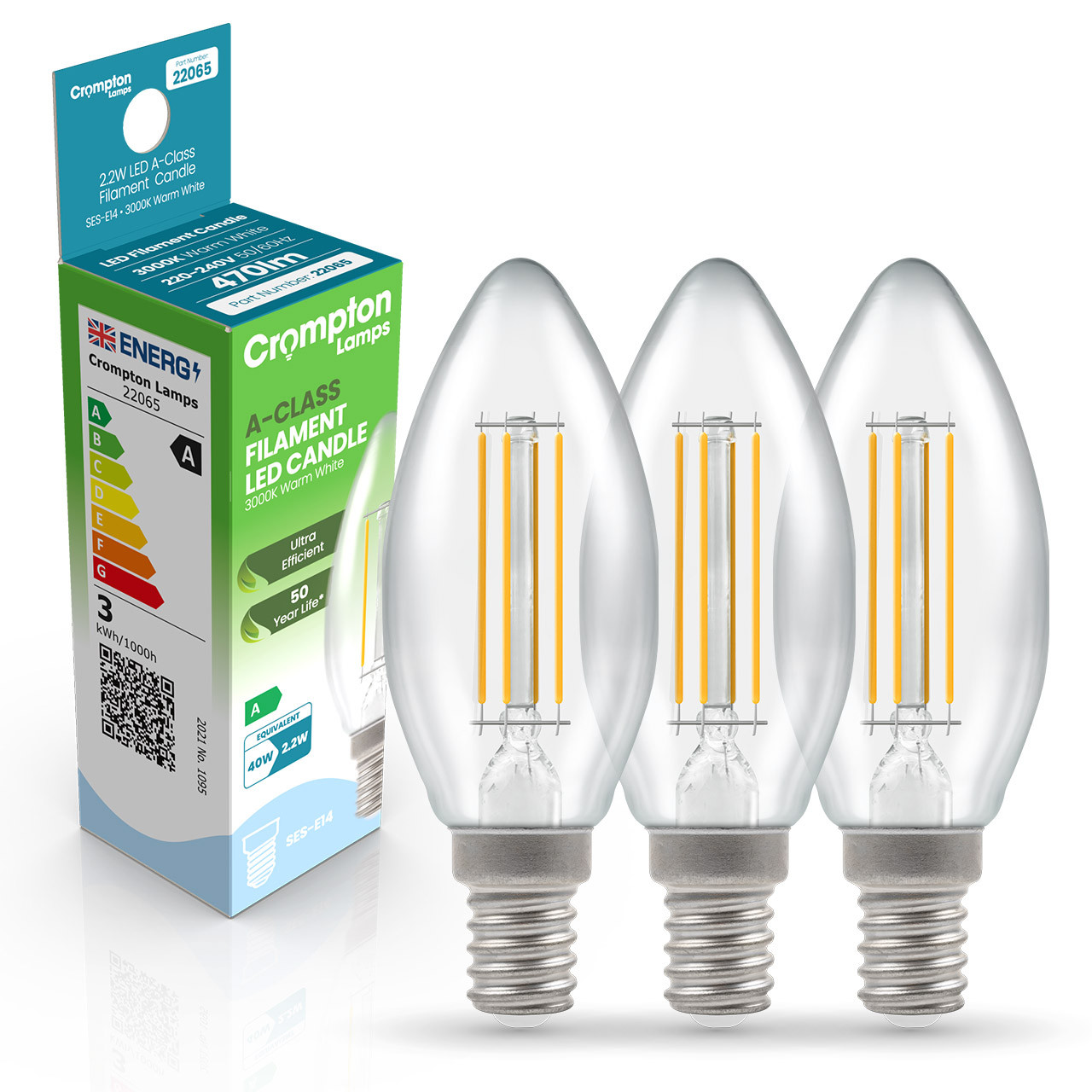 Image of Crompton Candle LED Light Bulb Ultra-Efficient E14 2.2W (40W Eqv) Warm White 3-Pack A-Class Clear