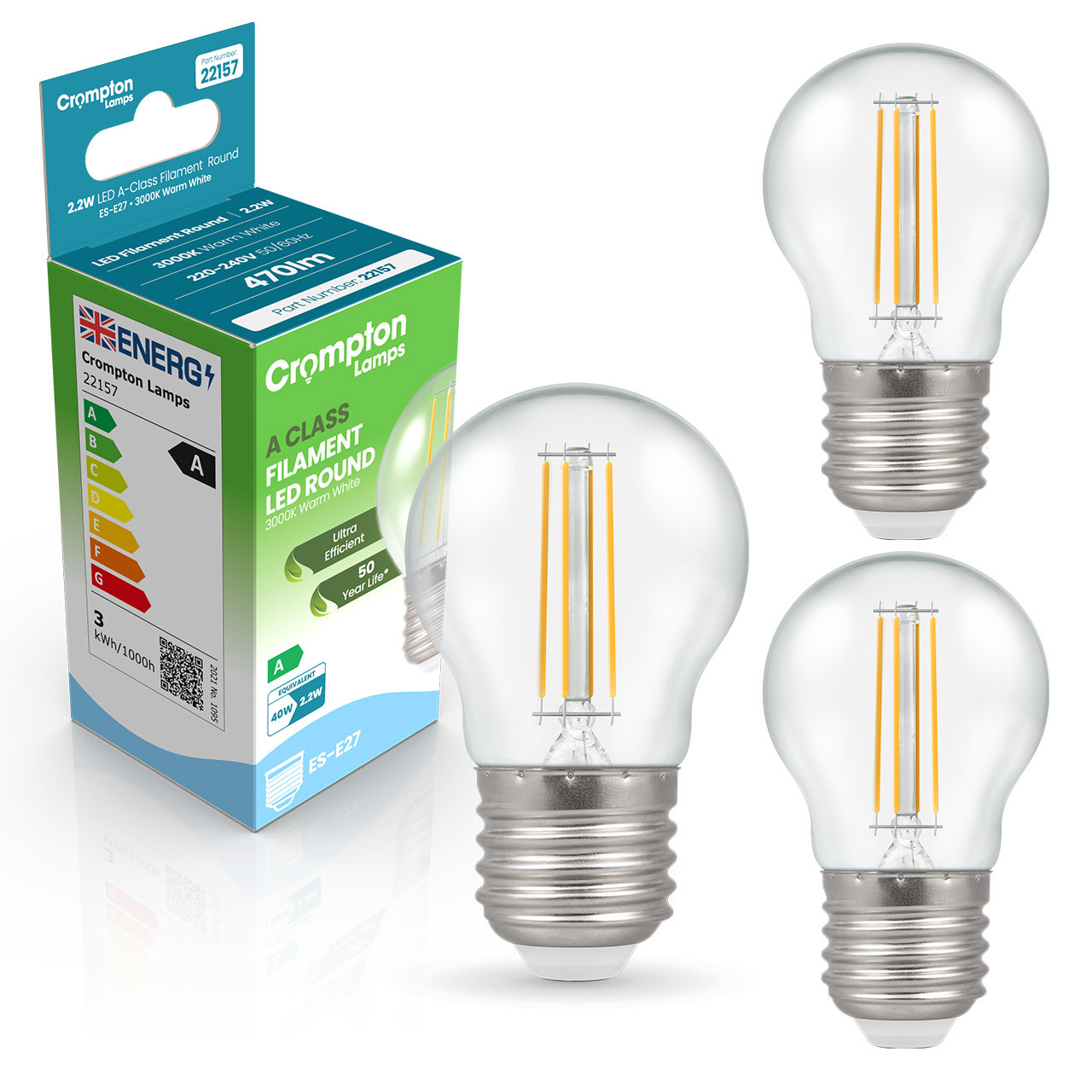Image of Crompton Golfball LED Light Bulb Ultra-Efficient E27 2.2W (40W Eqv) Warm White 3-Pack A-Class Clear