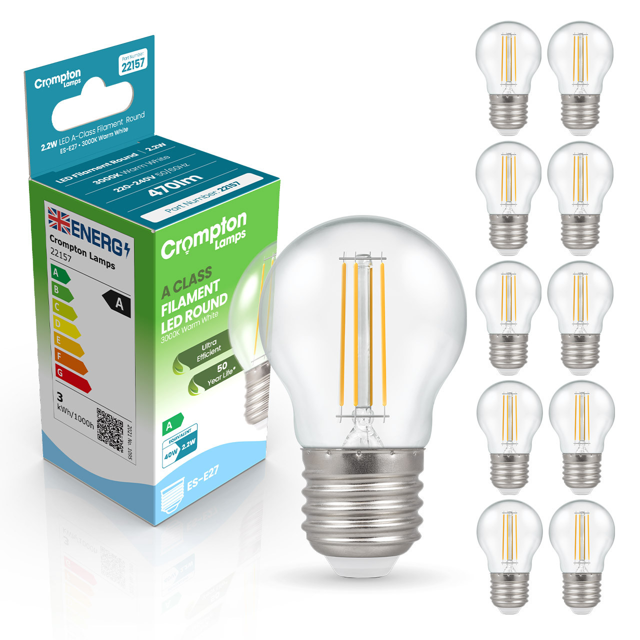 Image of Crompton Golfball LED Light Bulb Ultra-Efficient E27 2.2W (40W Eqv) Warm White 10-Pack A-Class Clear