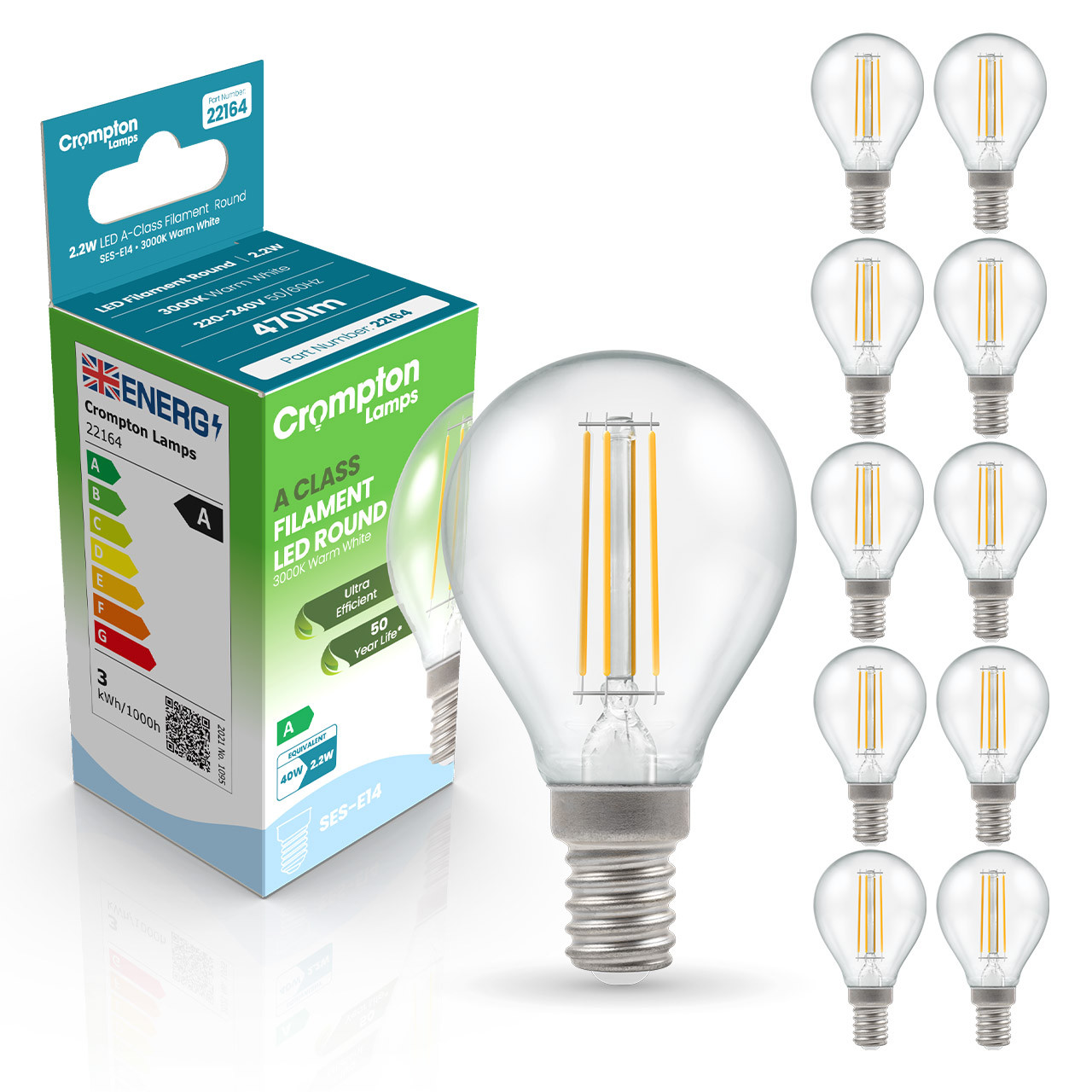 Image of Crompton Golfball LED Light Bulb Ultra-Efficient E14 2.2W (40W Eqv) Warm White 10-Pack A-Class Clear