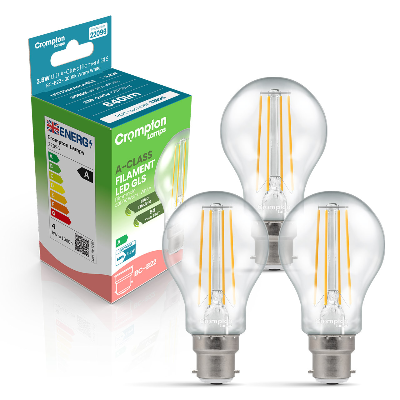 3-Pack Crompton GLS LED Light Bulbs B22 3.8W (60W Eqv) Dim Warm White Clear Ultra-Efficient A-Class Bayonet Filament A-Rated