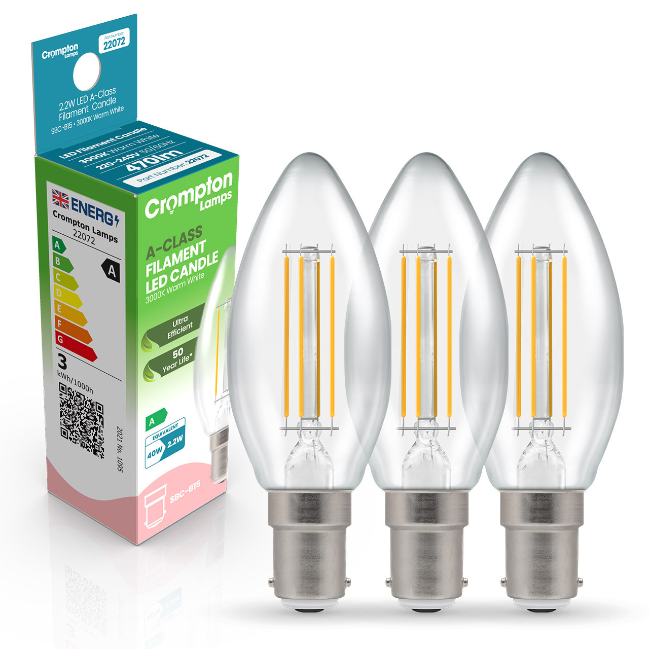 Image of Crompton Candle LED Light Bulb Ultra-Efficient B15 2.2W (40W Eqv) Warm White 3-Pack A-Class Clear