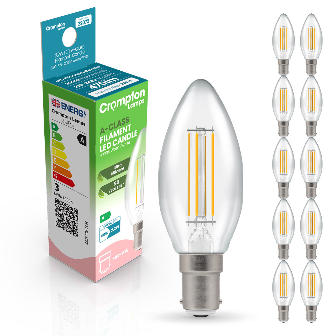 10-Pack Crompton Candle LED Ultra-Efficient Light Bulbs B15 2.2W (40W Eqv) Warm White Clear A-Class Small Bayonet Filament A-Rated