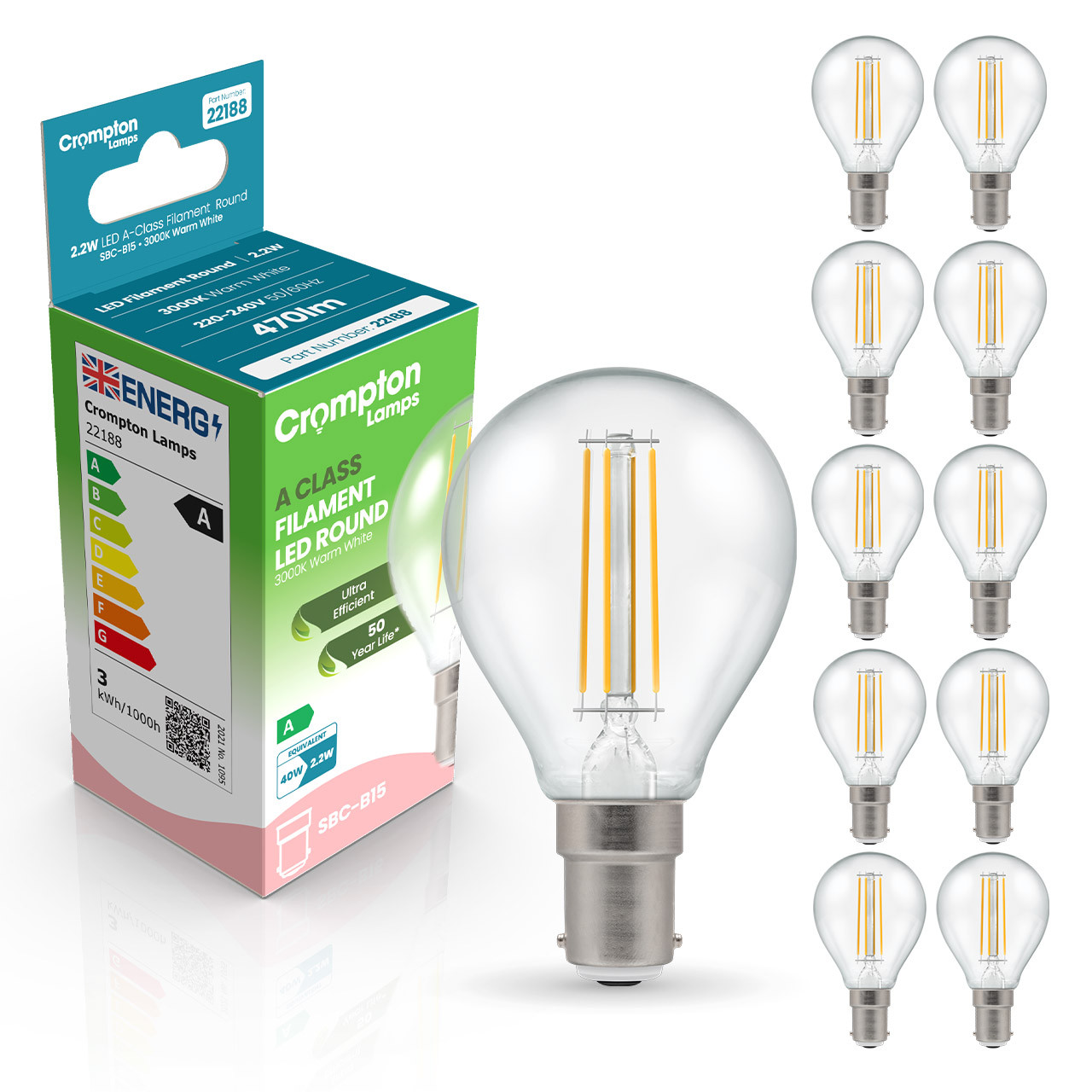 Image of Crompton Golfball LED Light Bulb Ultra-Efficient B15 2.2W (40W Eqv) Warm White 10-Pack A-Class Clear