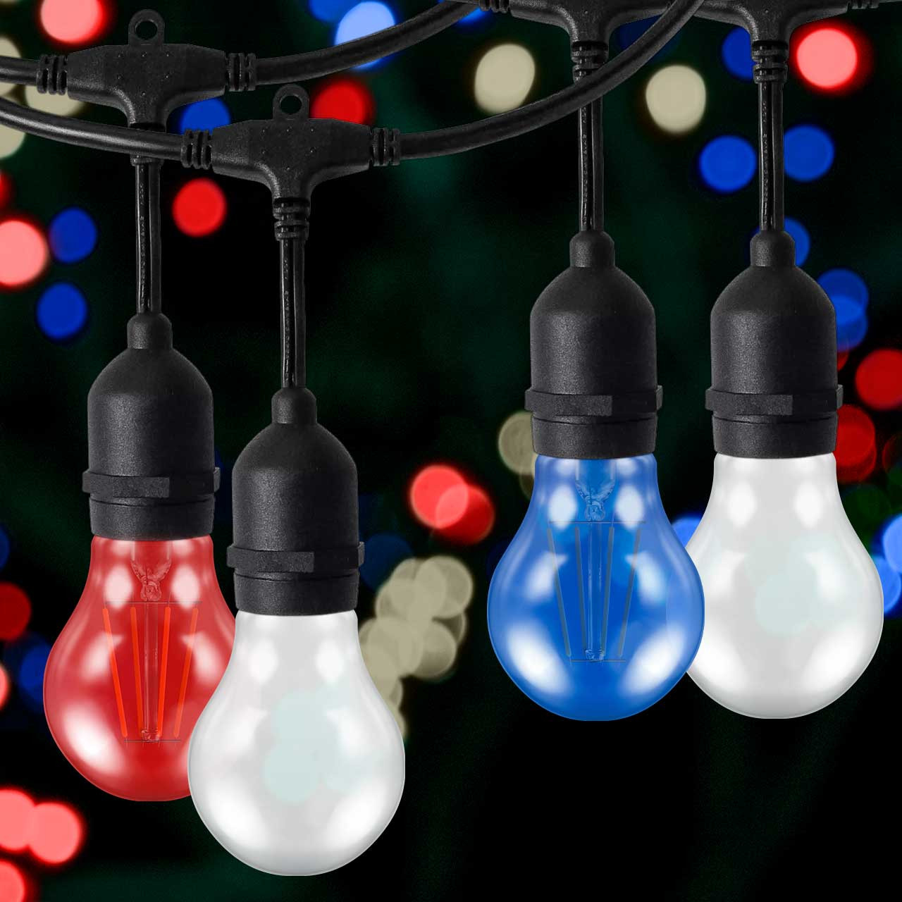Image of nxt gen Premium 10m Connectible Outdoor Festoon Lights 20x E27 Drop Sockets with LED GLS Red, White and Blue Light Bulbs