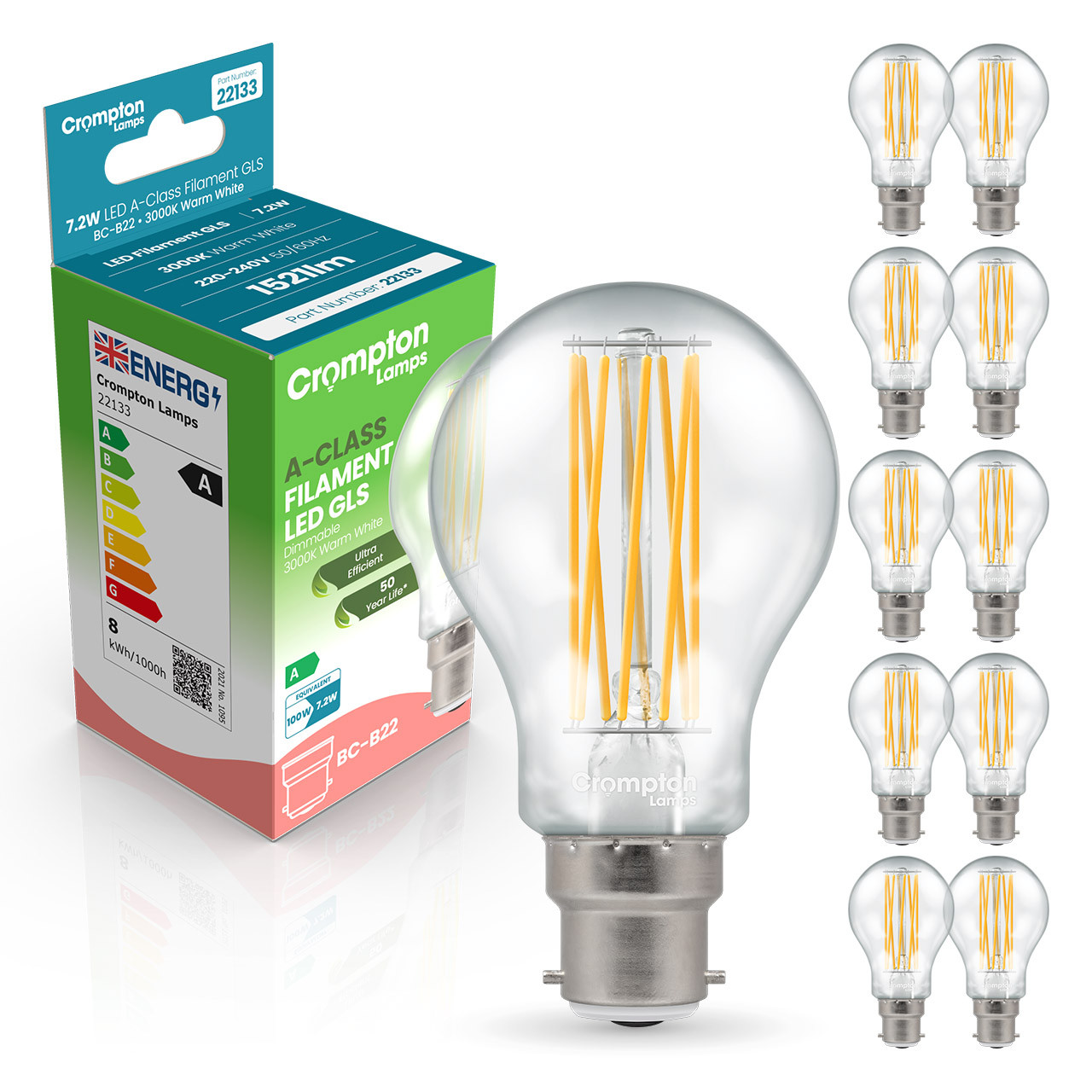 10-Pack Crompton GLS LED Ultra-Efficient Light Bulbs B22 7.2W (100W Eqv) Dim Warm White Clear A-Class Bayonet Filament A-Rated