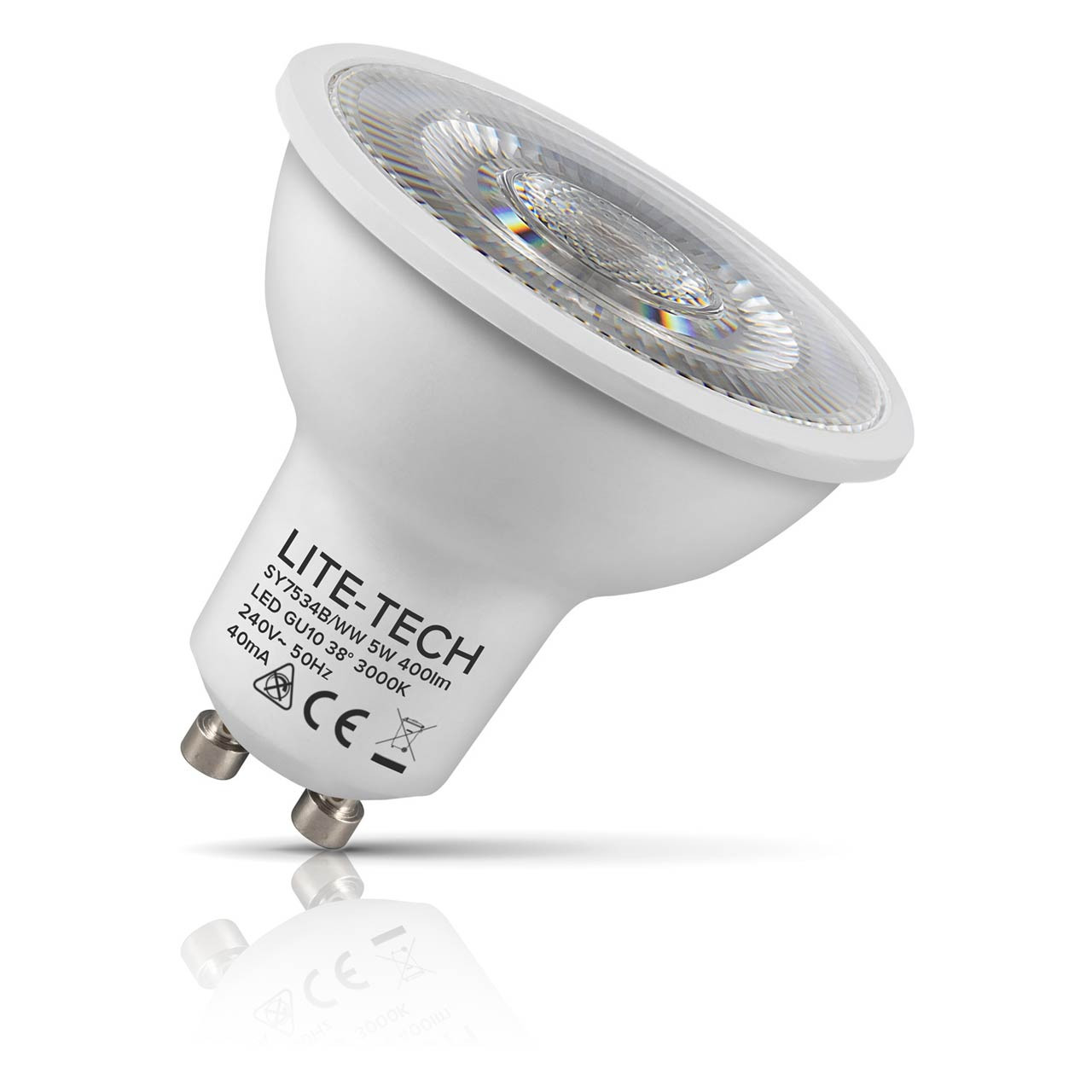 Lite-Tech GU10 Spotlight LED Light Bulb 5W (50W Eqv) Warm White Halogen Replacement Twist and Lock 38°