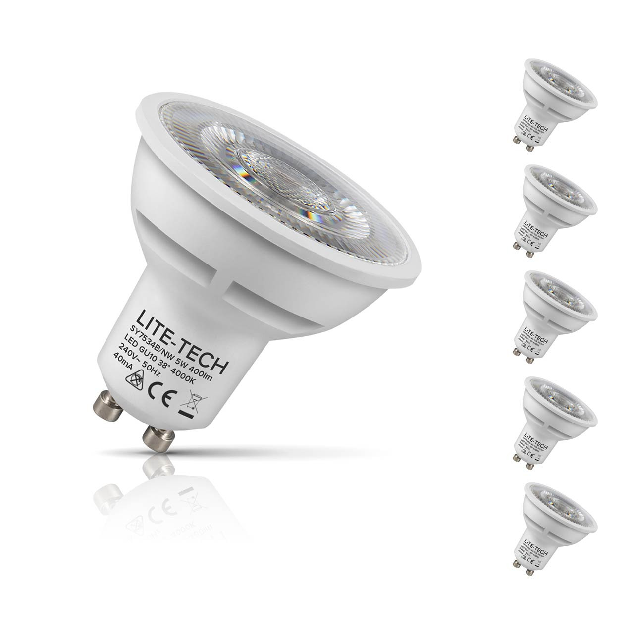 5-Pack Lite-Tech GU10 Spotlight LED Light Bulbs 5W (50W Eqv) Cool White Halogen Replacement COB Twist and Lock 38°