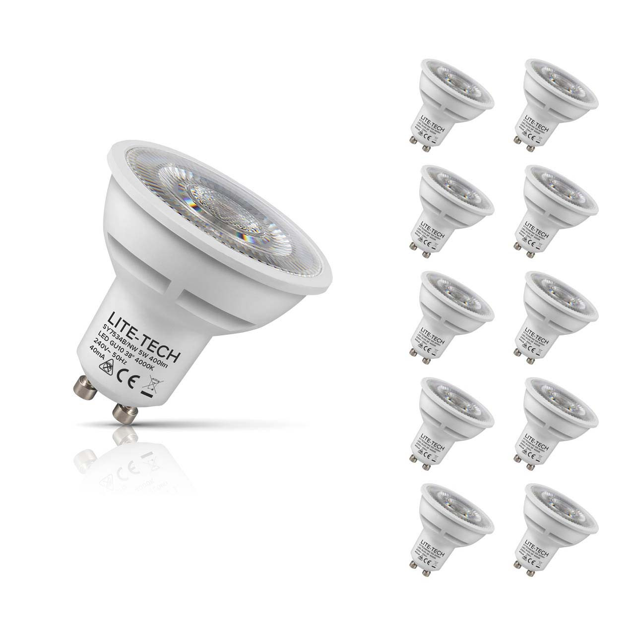 10-Pack Lite-Tech GU10 Spotlight LED Light Bulbs 5W (50W Eqv) Cool White Halogen Replacement COB Twist and Lock 38°