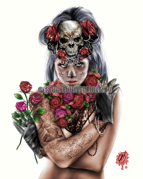 Pete Tapang "Dia de los Muertos 3" Sugar Skull Pin up Hand Signed Print 11x14