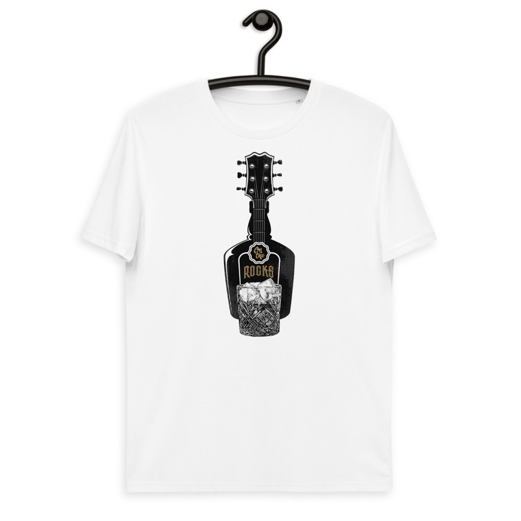 ON THE ROCKS | Guitar | Unisex Organic Cotton T-Shirt | Stanley/Stella STTU169. Women, Men, Unisex. Come in sizes: S, M, L, XL and 2XL in Black, Desert Dust and White colors. EXCELLENT GIFT for friends, relatives, and co-workers. Gift for him. Gift for her. Music. Rock music. Whisky. Guitar.