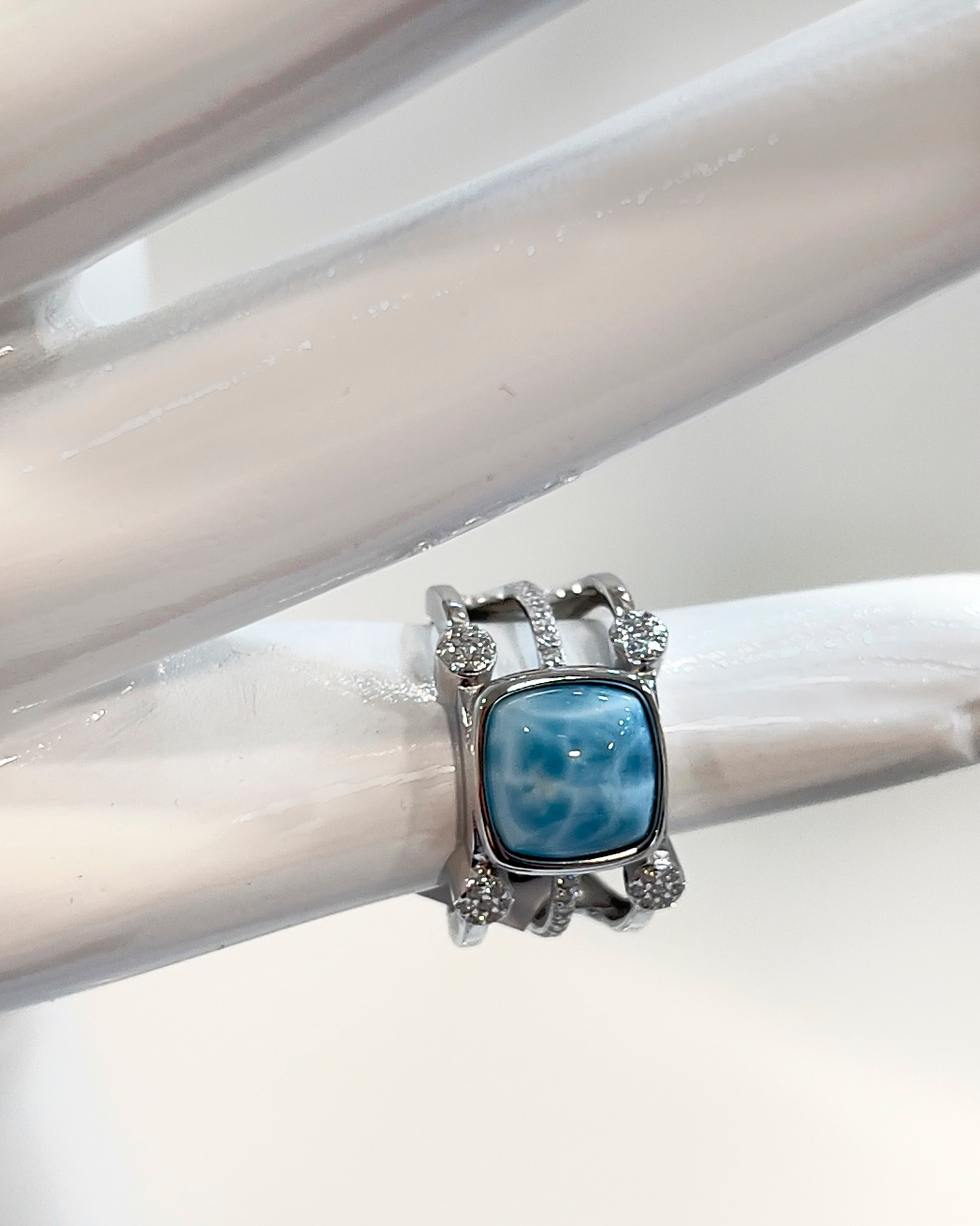 Square larimar statement ring with crystal accents
