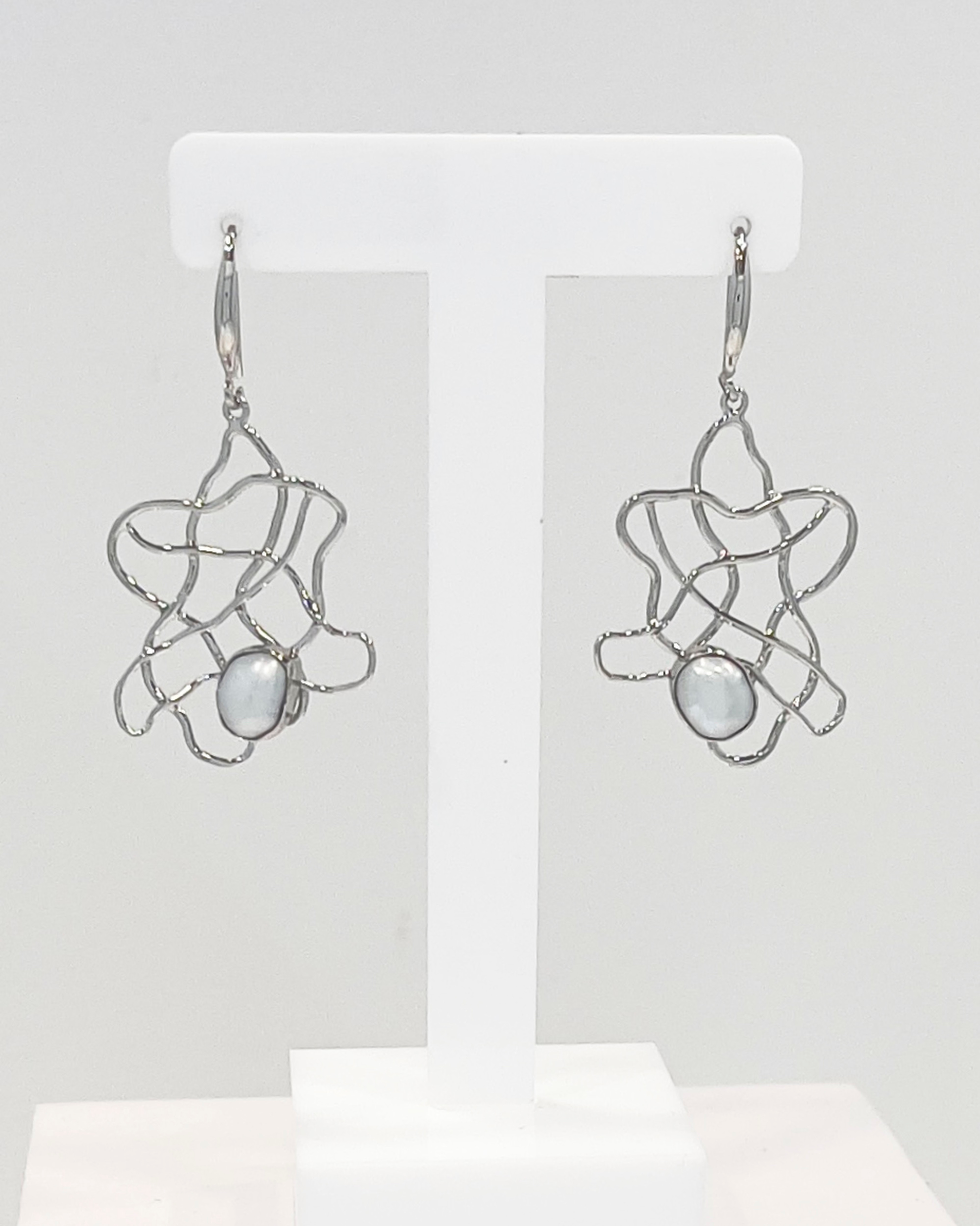Signature keshi pearl drop earrings with silver wave lattice