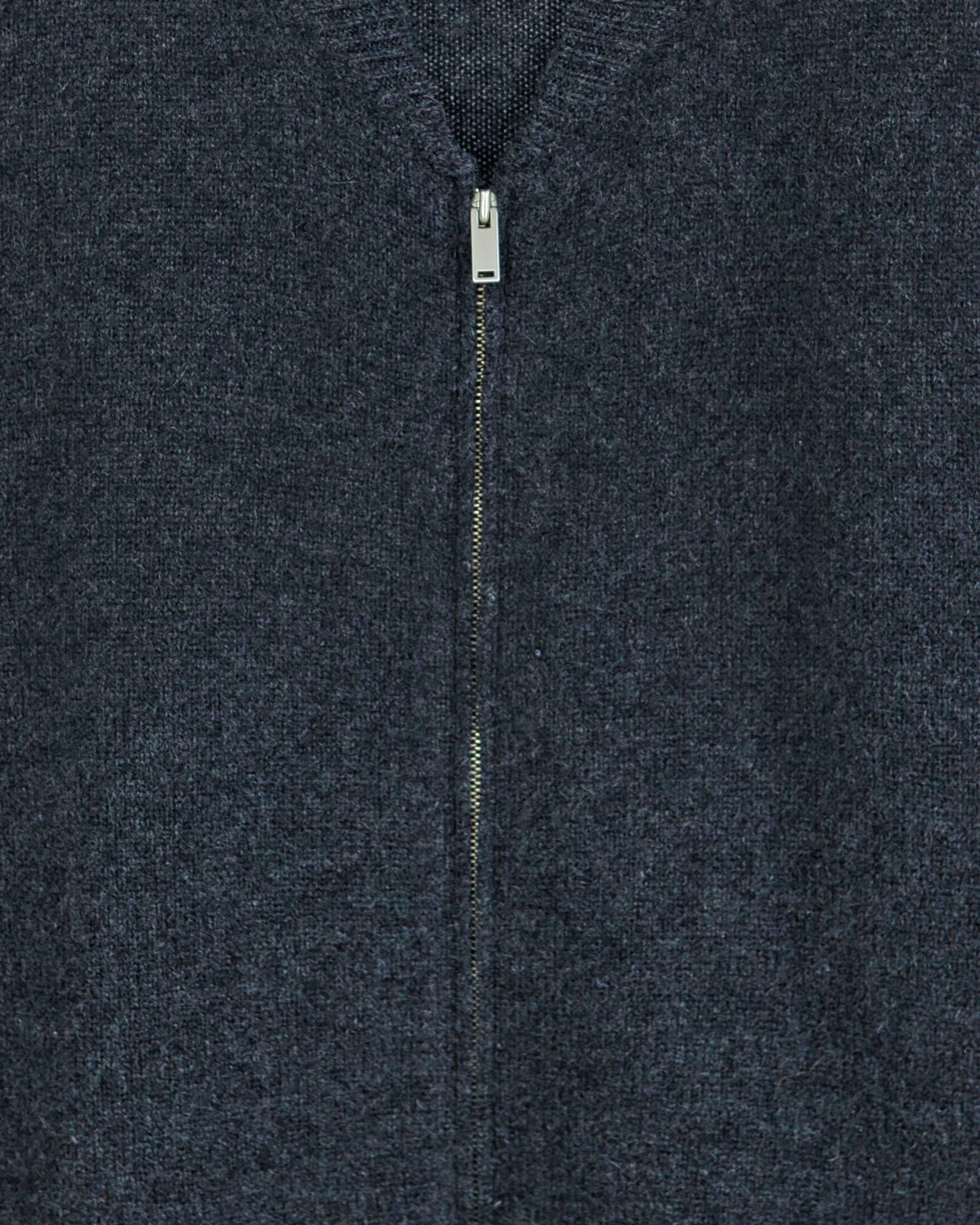 Close up of dark grey cashmere classic cardigan with ribbed details