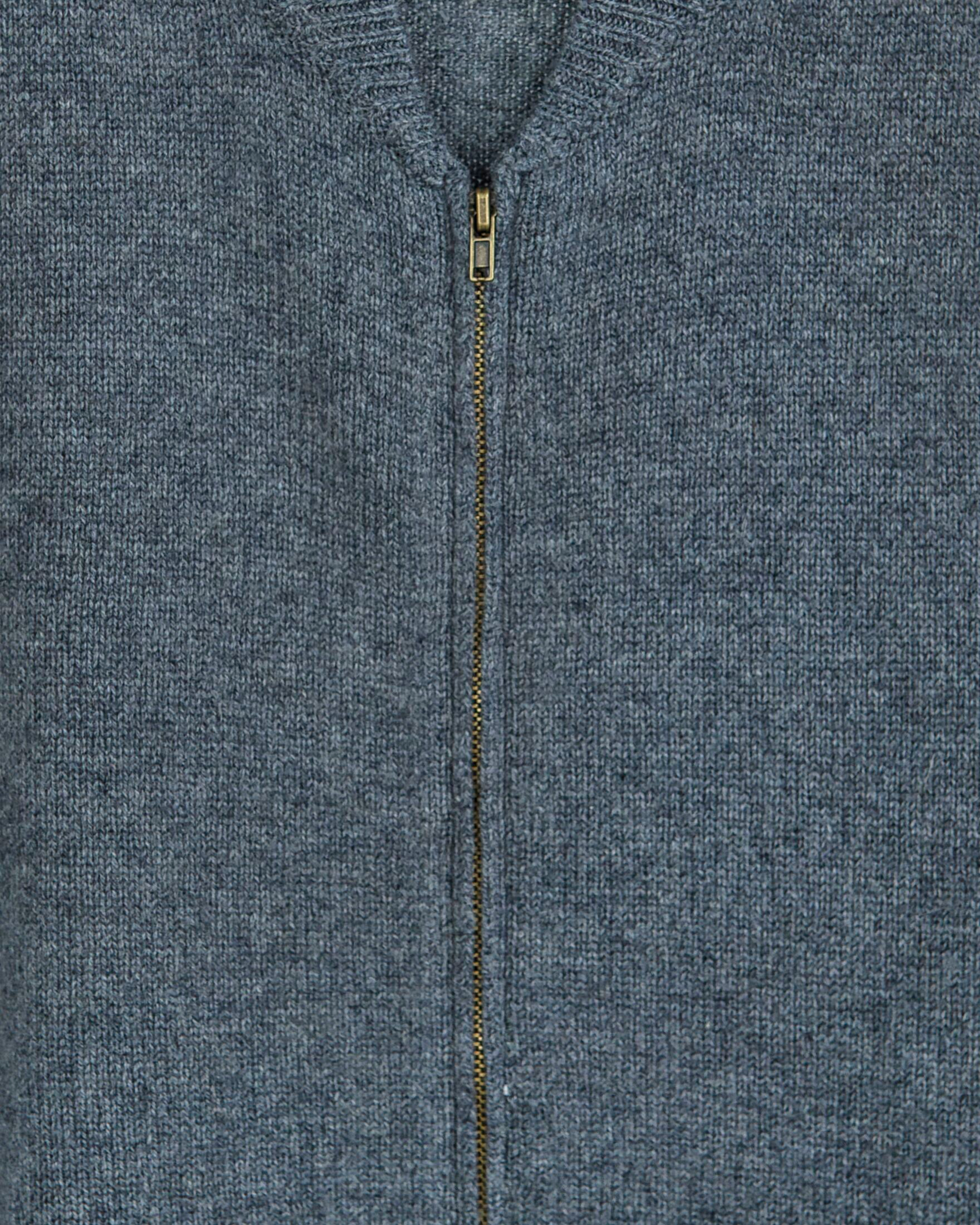 Close up of a grey cashmere classic cardigan with ribbed details